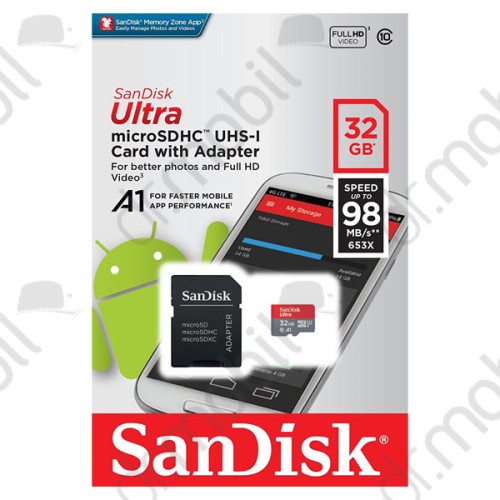 Memóriakártya 32 GB MicroSDHC Card SanDisk Ultra Android (SDSQUAR-032G-GN6MA, 98 MB/s, Class 10, UHS-I, A1)